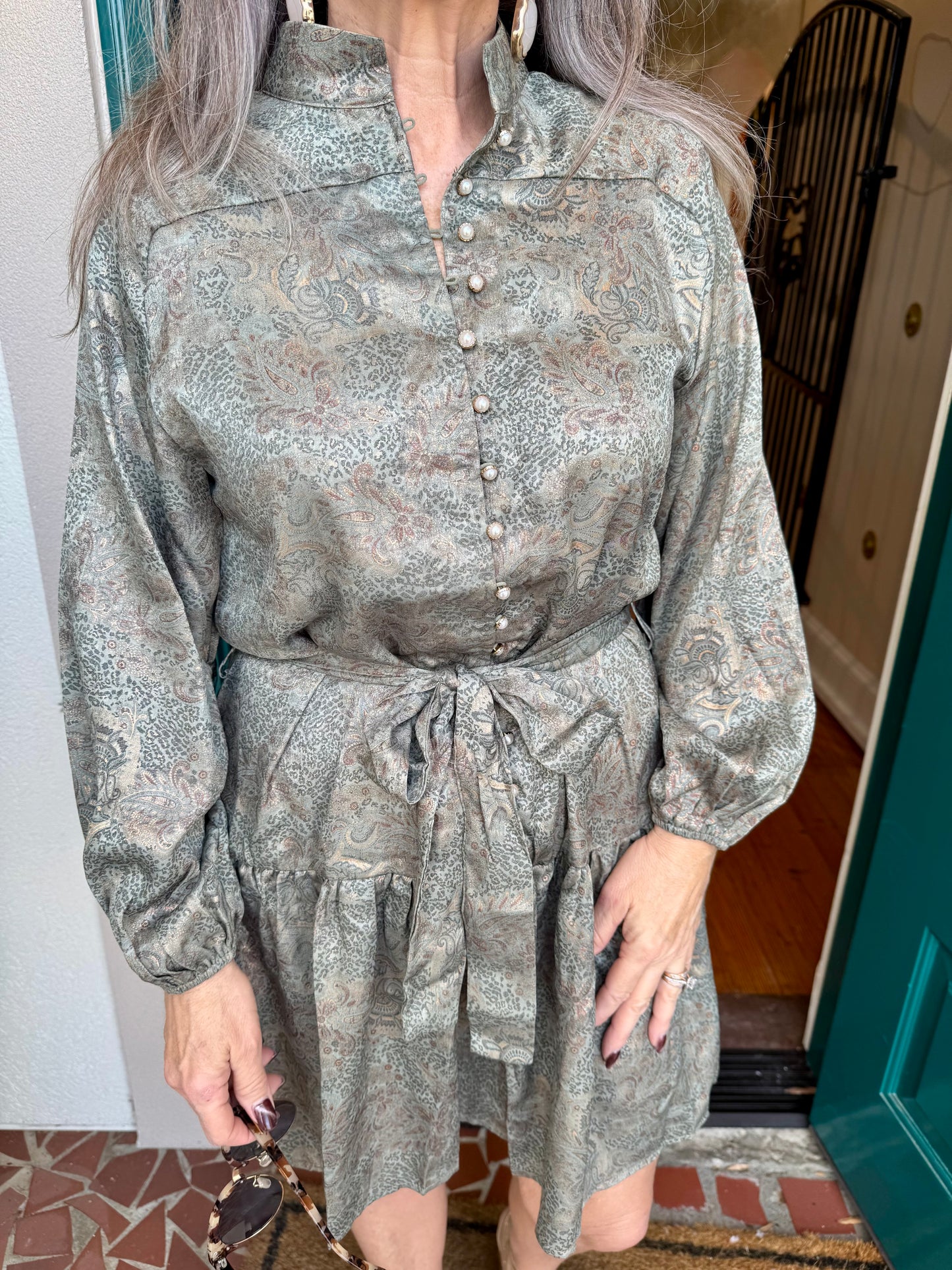 Green Golden Tapestry Button Down Dress