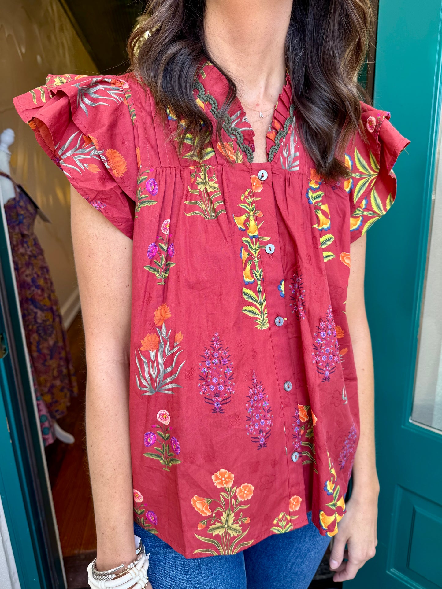 Botanical Print Flutter Sleeve Top
