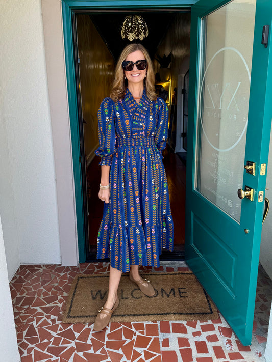 Navy Stripped Floral Print Midi Dress with Ruffle Collar