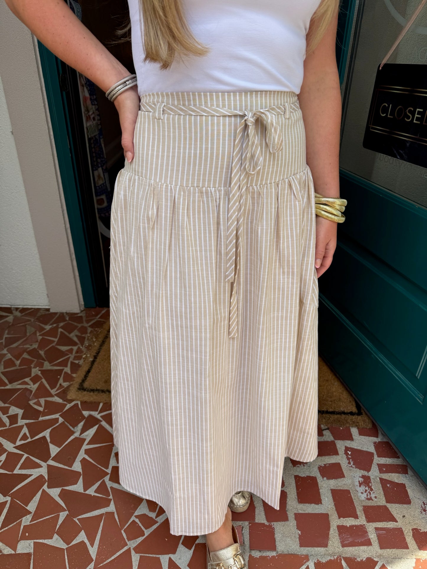 Stripe Ribbon Bow Waist Tie Detail Skirt