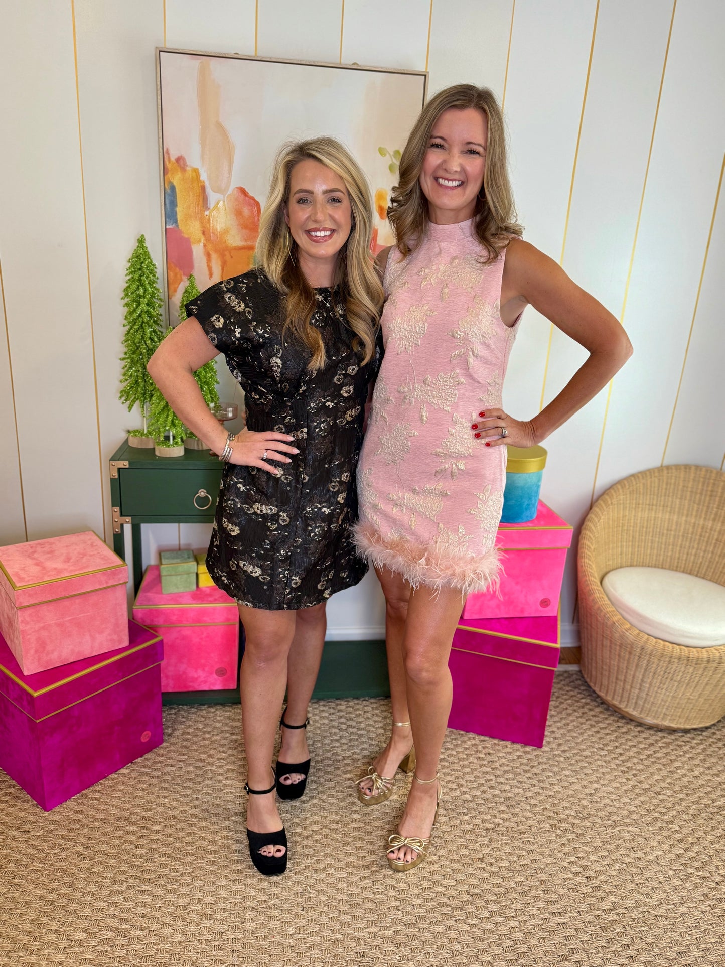 Pink Feather Trim Jacquard Dress