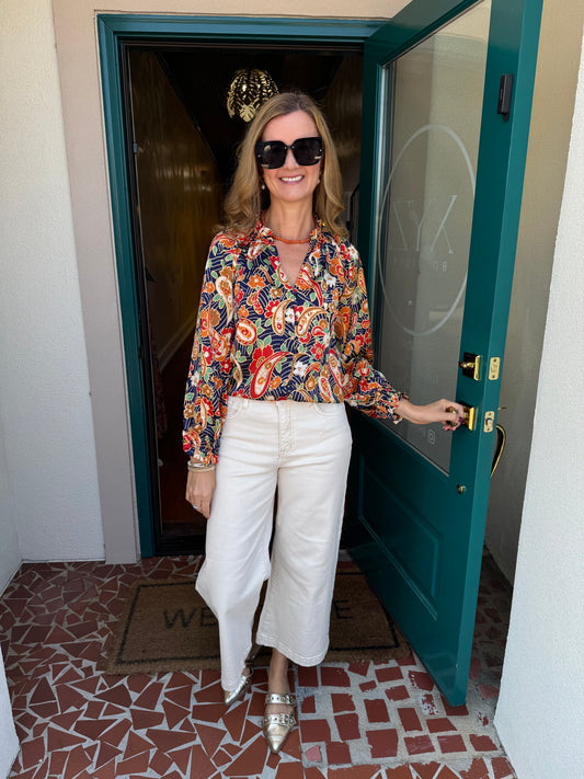 Satin Paisley Ruffle Neck Tie Blouse