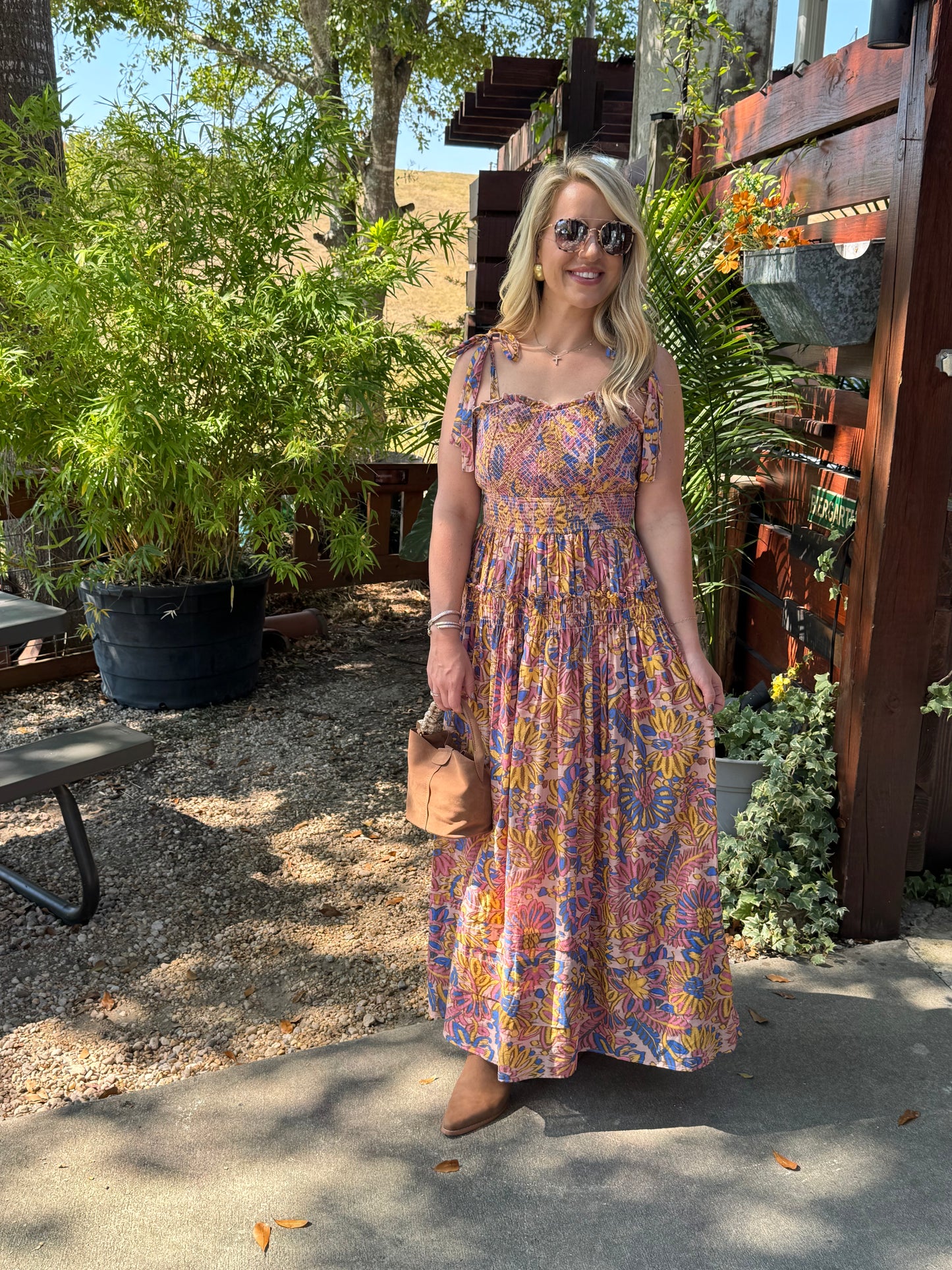 Smocked Bodice Tie Shoulder Strap Maxi Dress