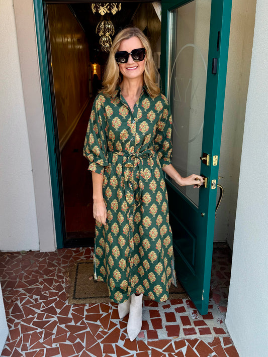 Pine Floral Print Maxi with Tie Waist