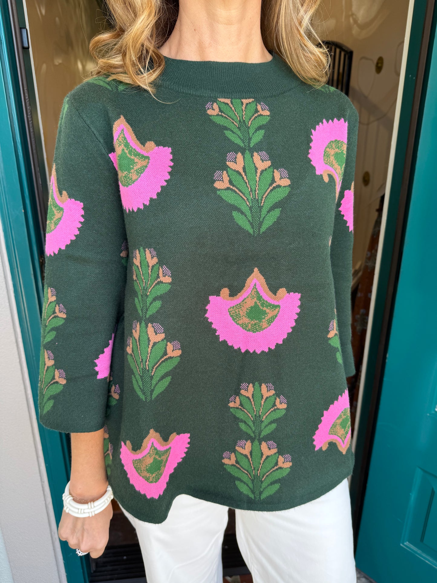 Forest Green Floral Knit Sweater Top