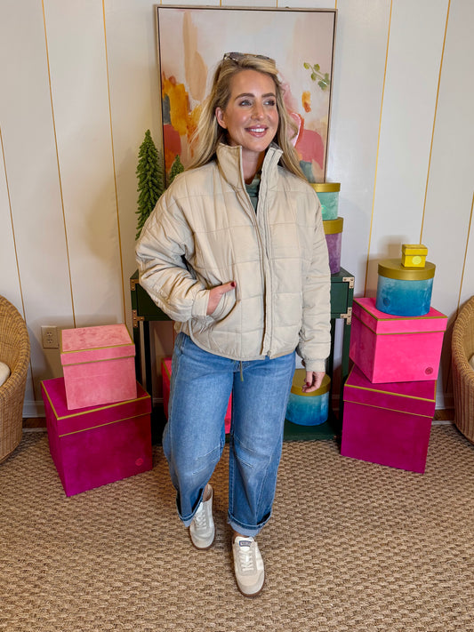 Sand Quilted Square Zip-up Puffer Jacket