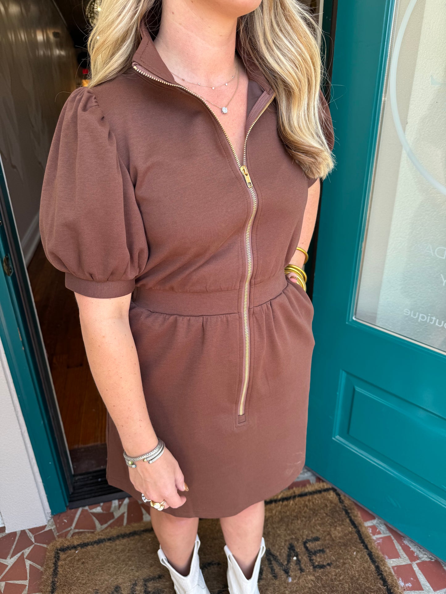 Solid Short Puff Sleeve Zip-Front Pullover Dress