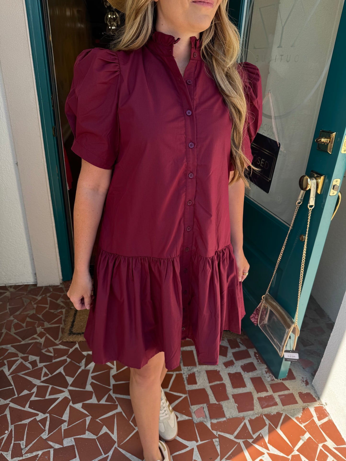 Garnet Pleated Shoulder Puff Sleeve Ruffle Hem