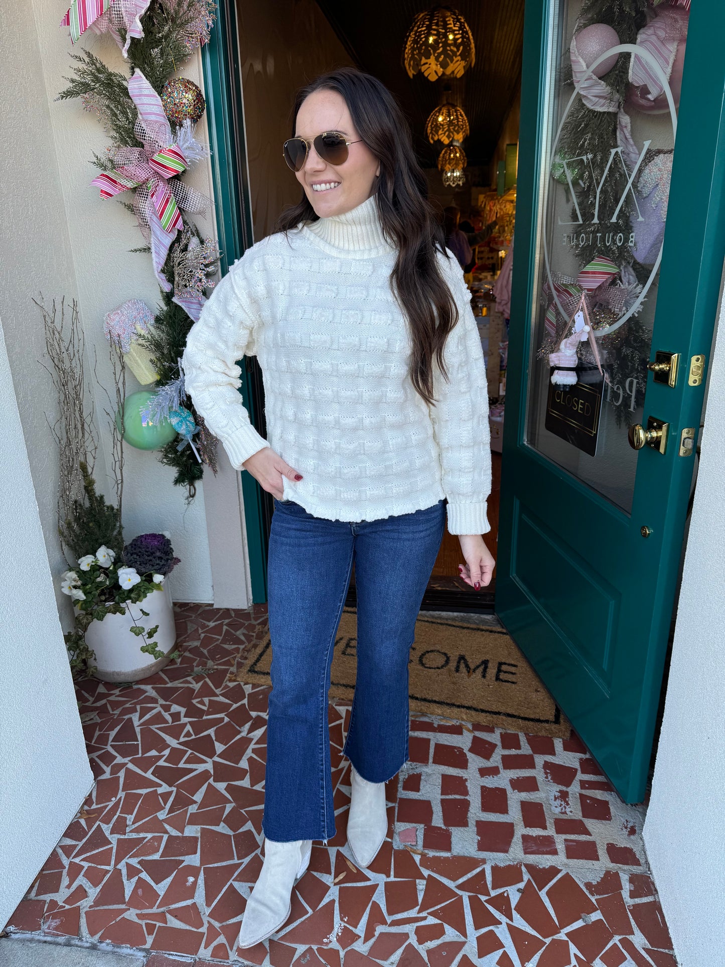 Talia Embroidered Mock Neck Sweater