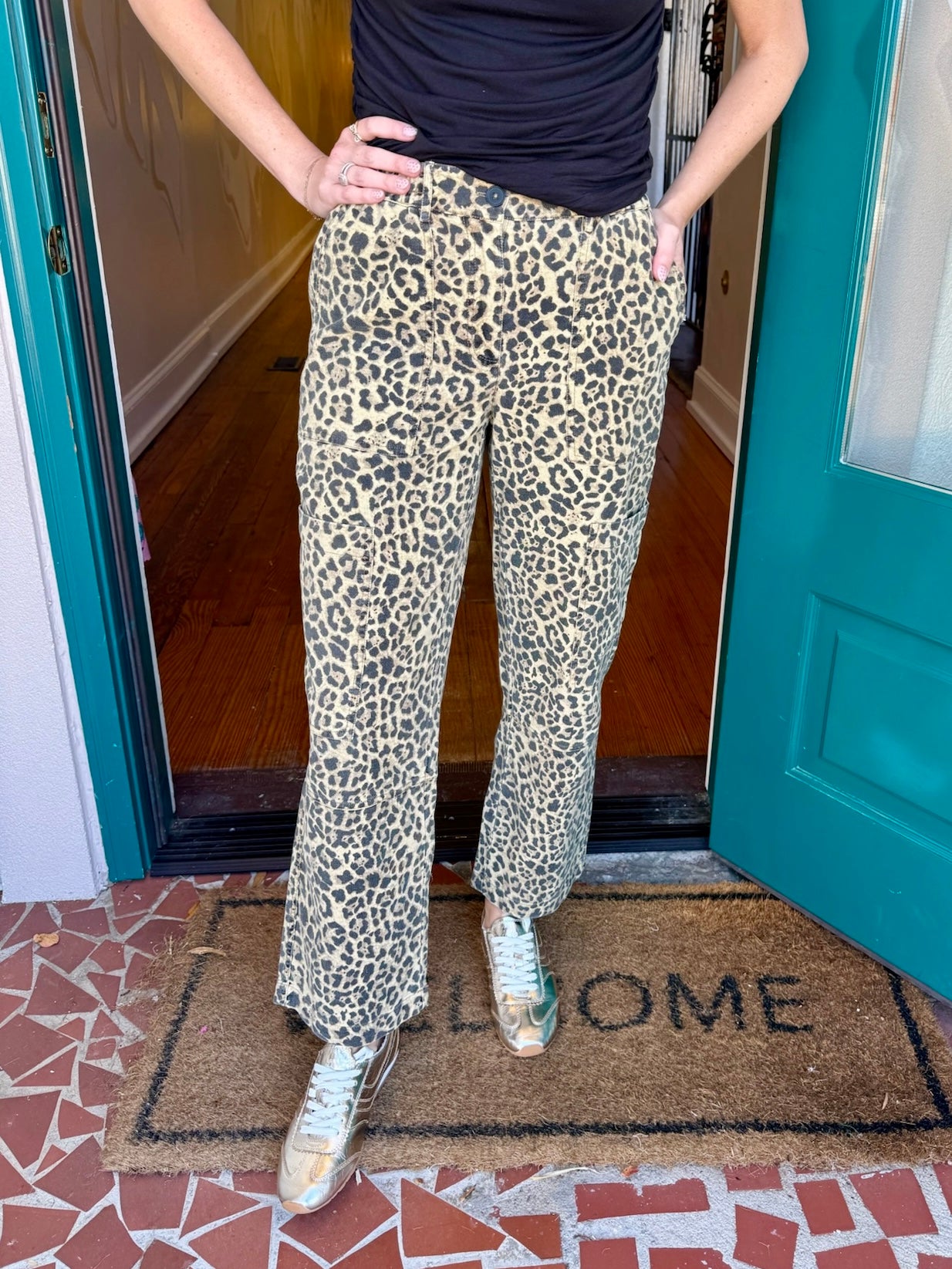 Elastic Waist Mid Rise Leopard Denim