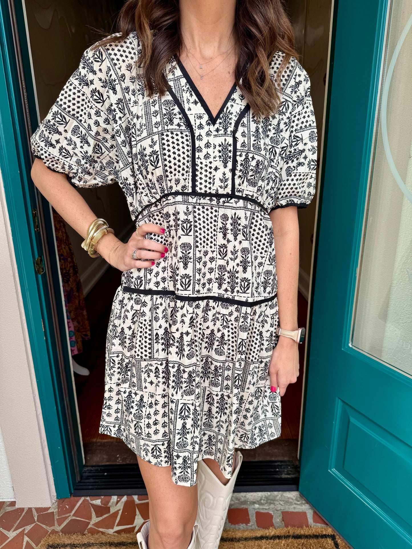 Contrast Piping Printed Poplin Woven Dress