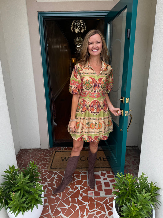 Green Printed Bubble Hem Shirt Dress