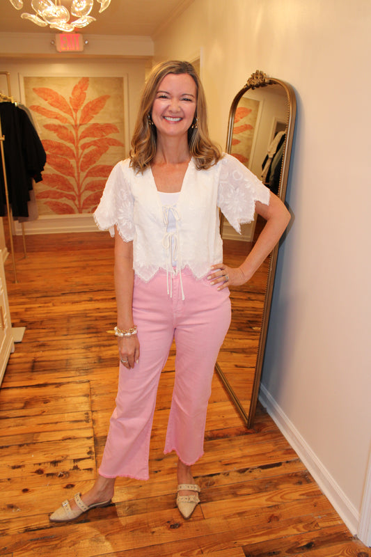Pink High Waisted Frayed Hem Bootcut Denim