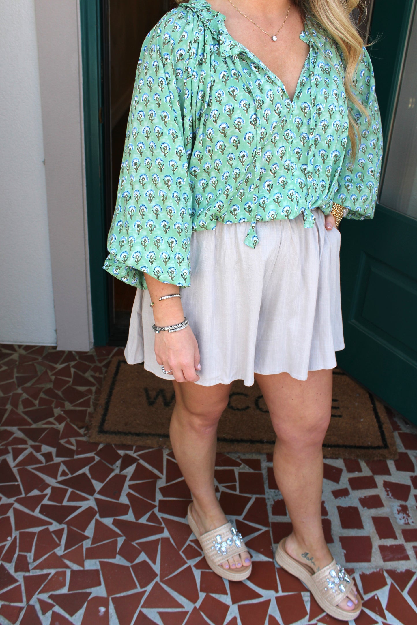 Printed Blouse with an Adjustable Tie