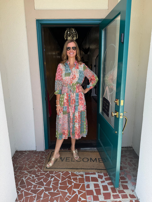 Green Floral Print Long Sleeve V-neck Maxi Dress