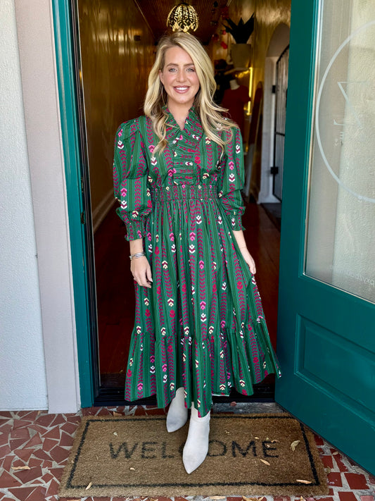 Green Striped Floral Print Midi Dress