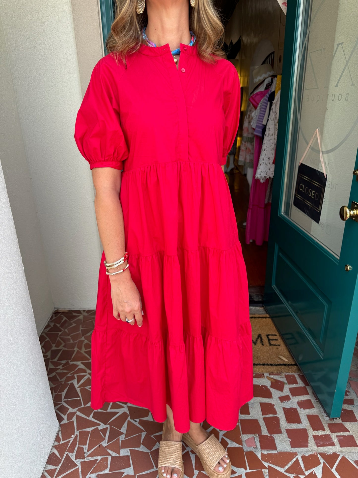 Red Short Puff Sleeve Midi Dress - English Factory