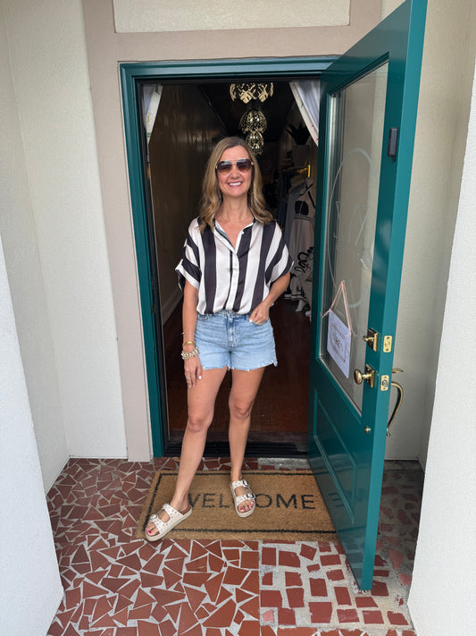 Black Striped Oversized Hidden Placket Button Down Hem Top