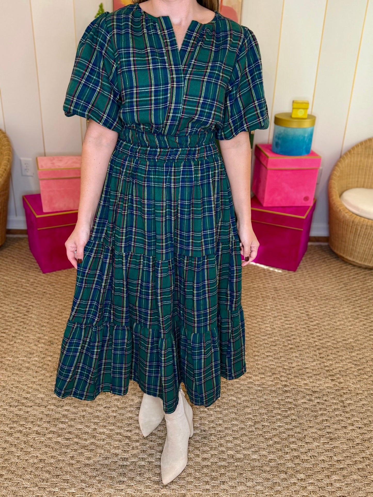 Green Plaid Tiered Midi Dress