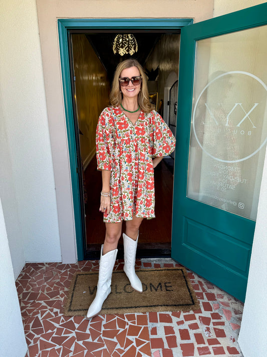 Orange Floral Print Dress with Ric Rac Trim