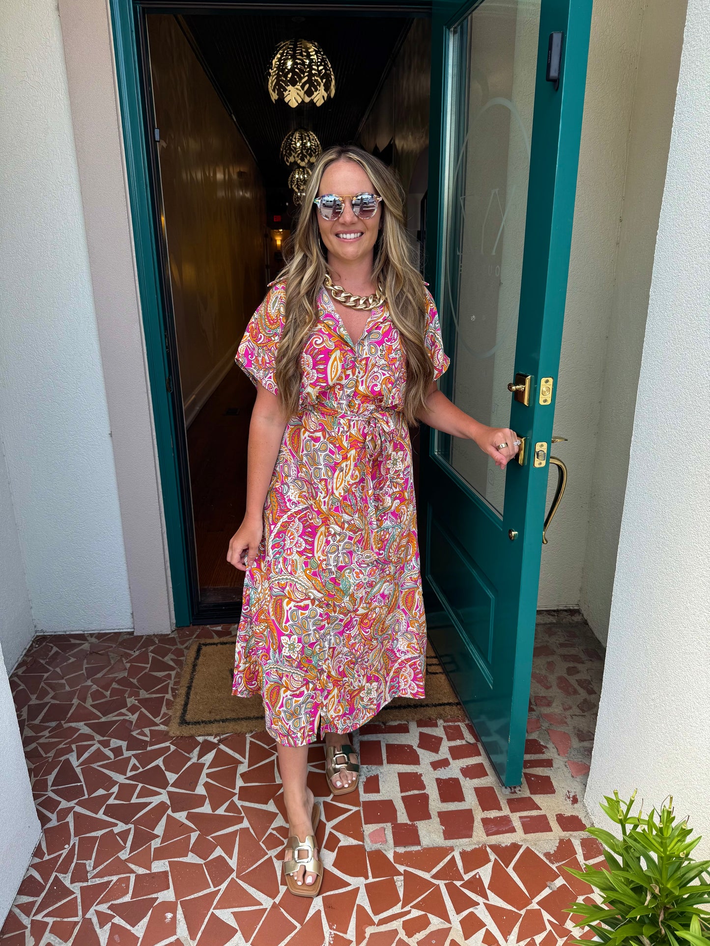 Drop Shoulder Button Down Printed Dress