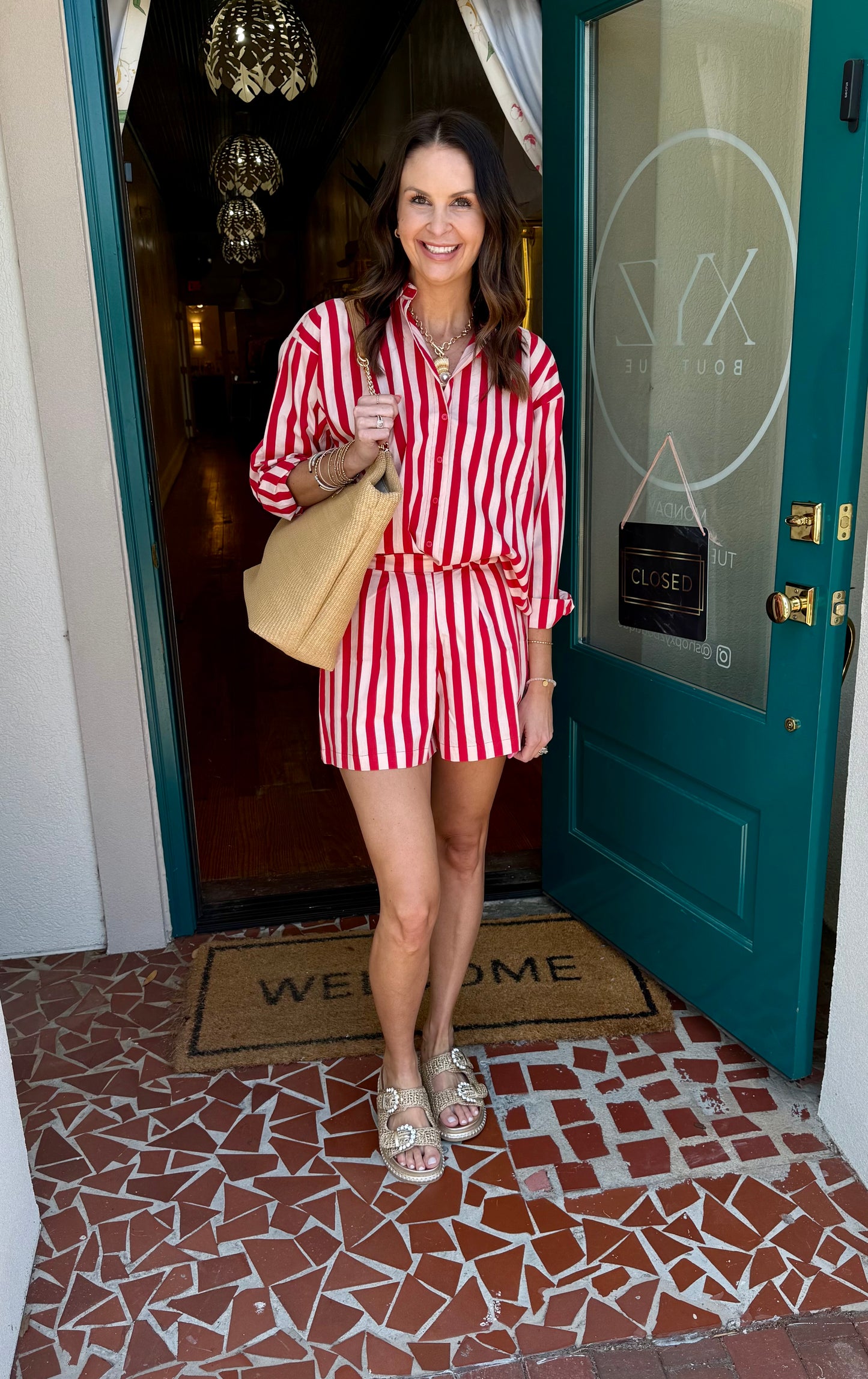 Stripe Button Up Shorts Set