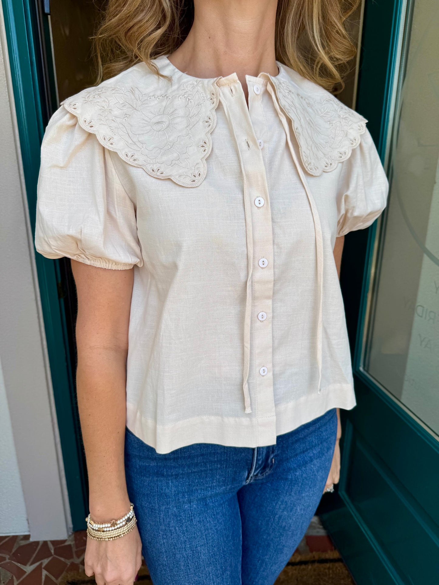 Beige Peter Pan Collared Short Sleeve Top