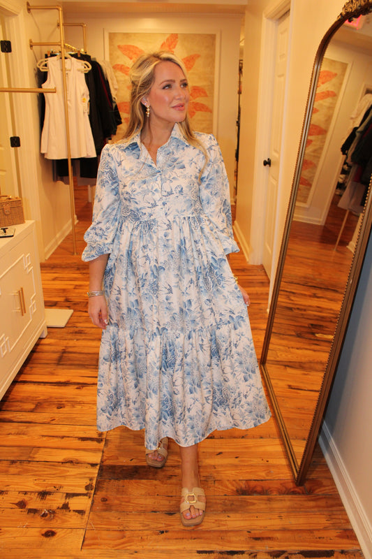 Blue Floral Print Collared Maxi