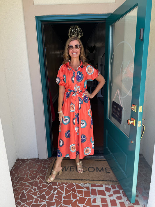 Orange Printed Short Sleeve Waist Tie Maxi Dress