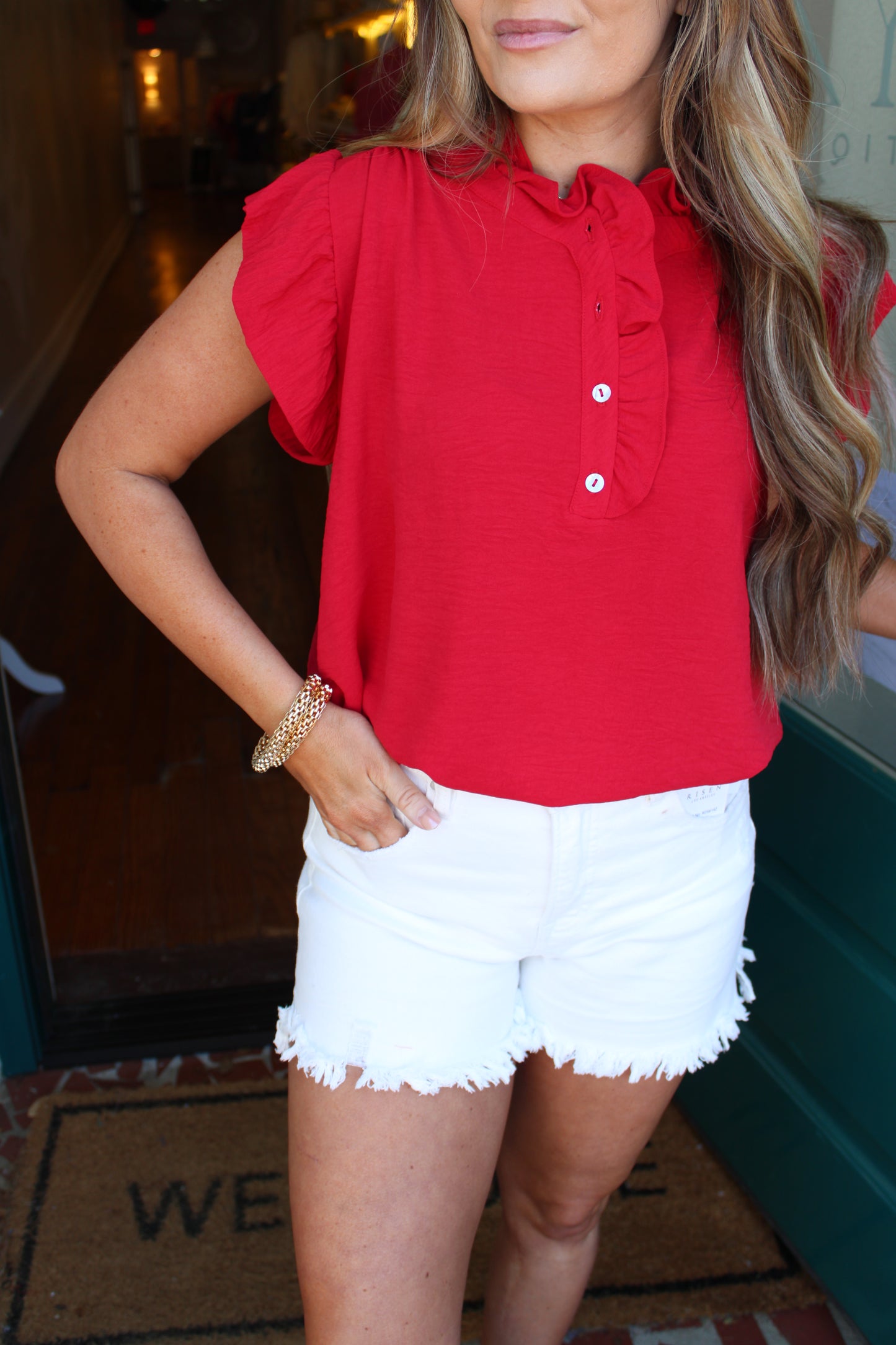 Solid Top with Ruffled Sleeves and Button Detail