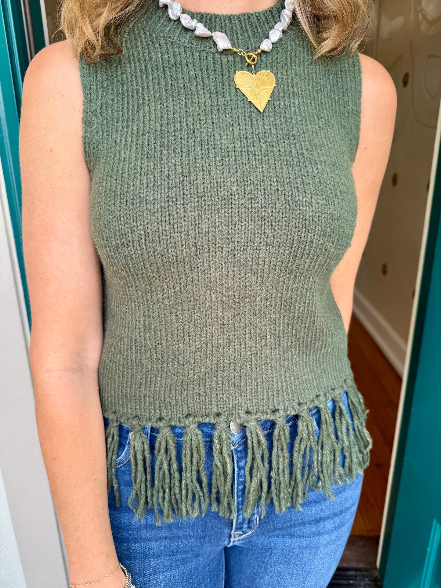 Olive Green Sweater Vest Fringe Bottom