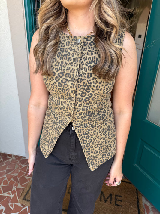 Leopard Printed Denim Snap Button Vest