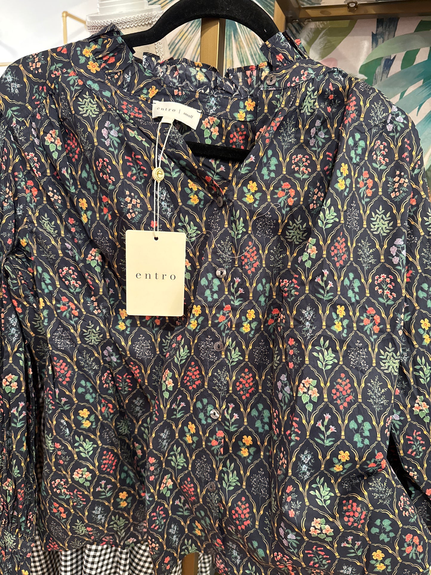 Black Floral Block Print Top