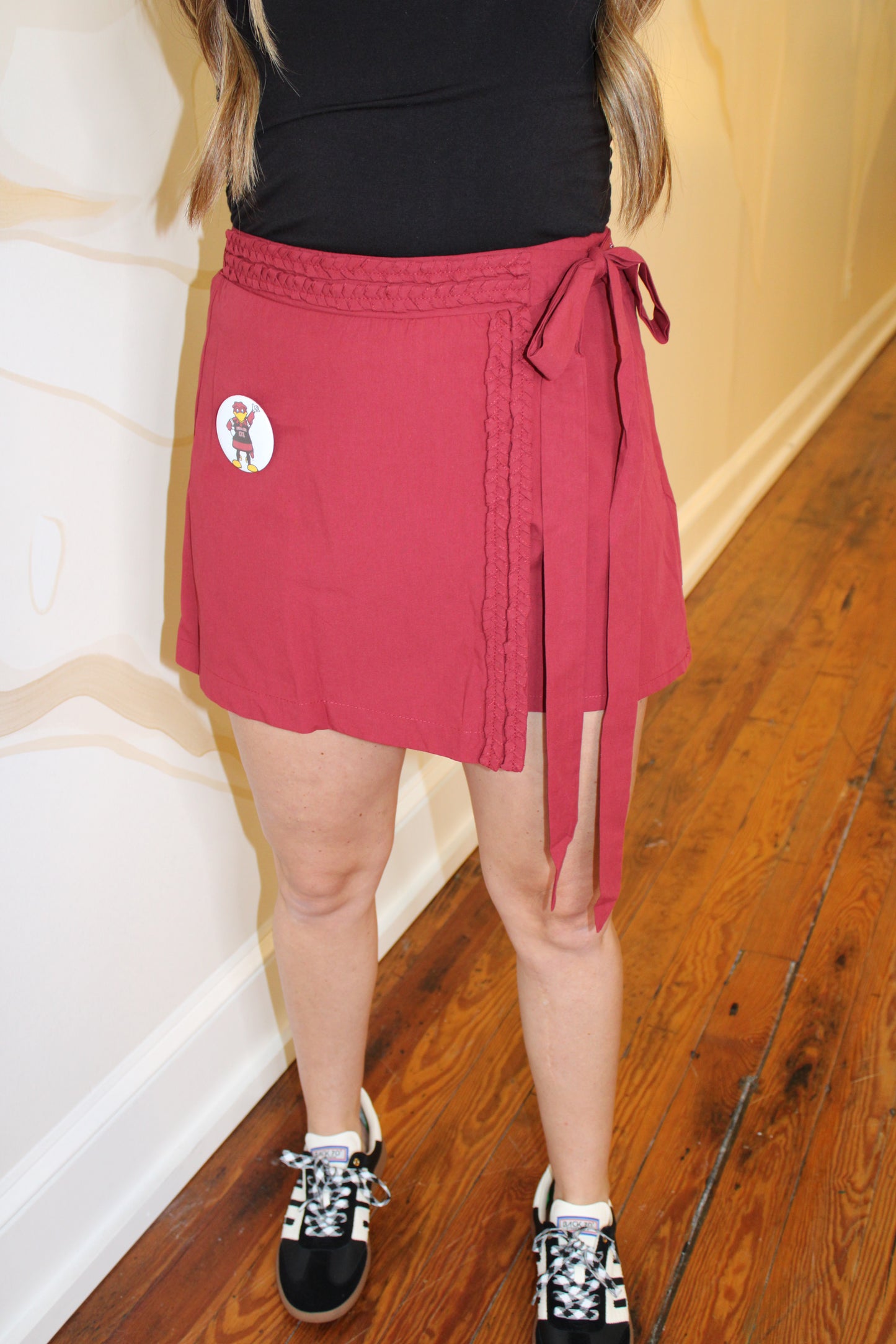 Wrap Front Braided Trim Detail Self Tie Skort