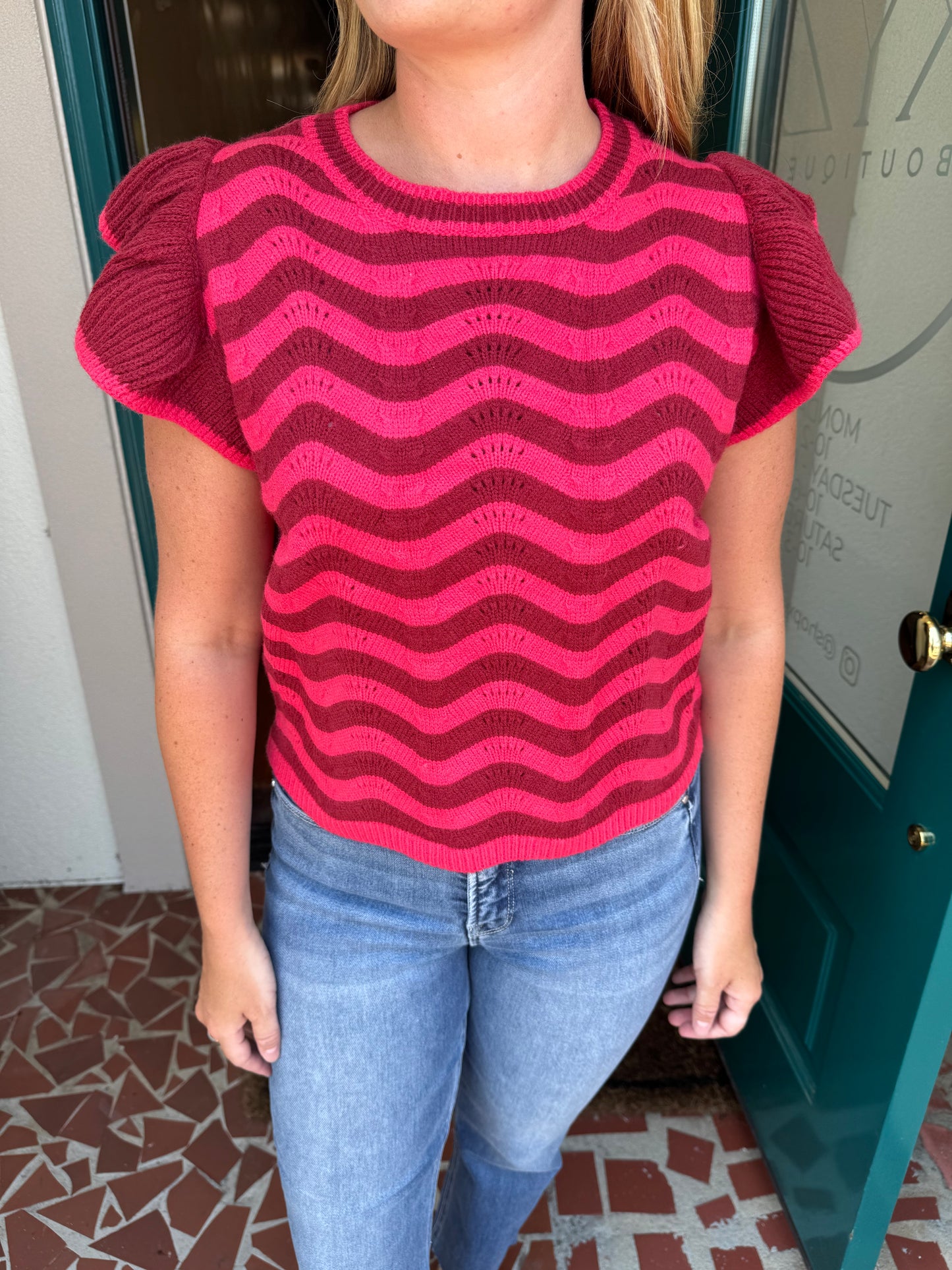 Wavy Stripes Flutter Sleeve Sweater Top