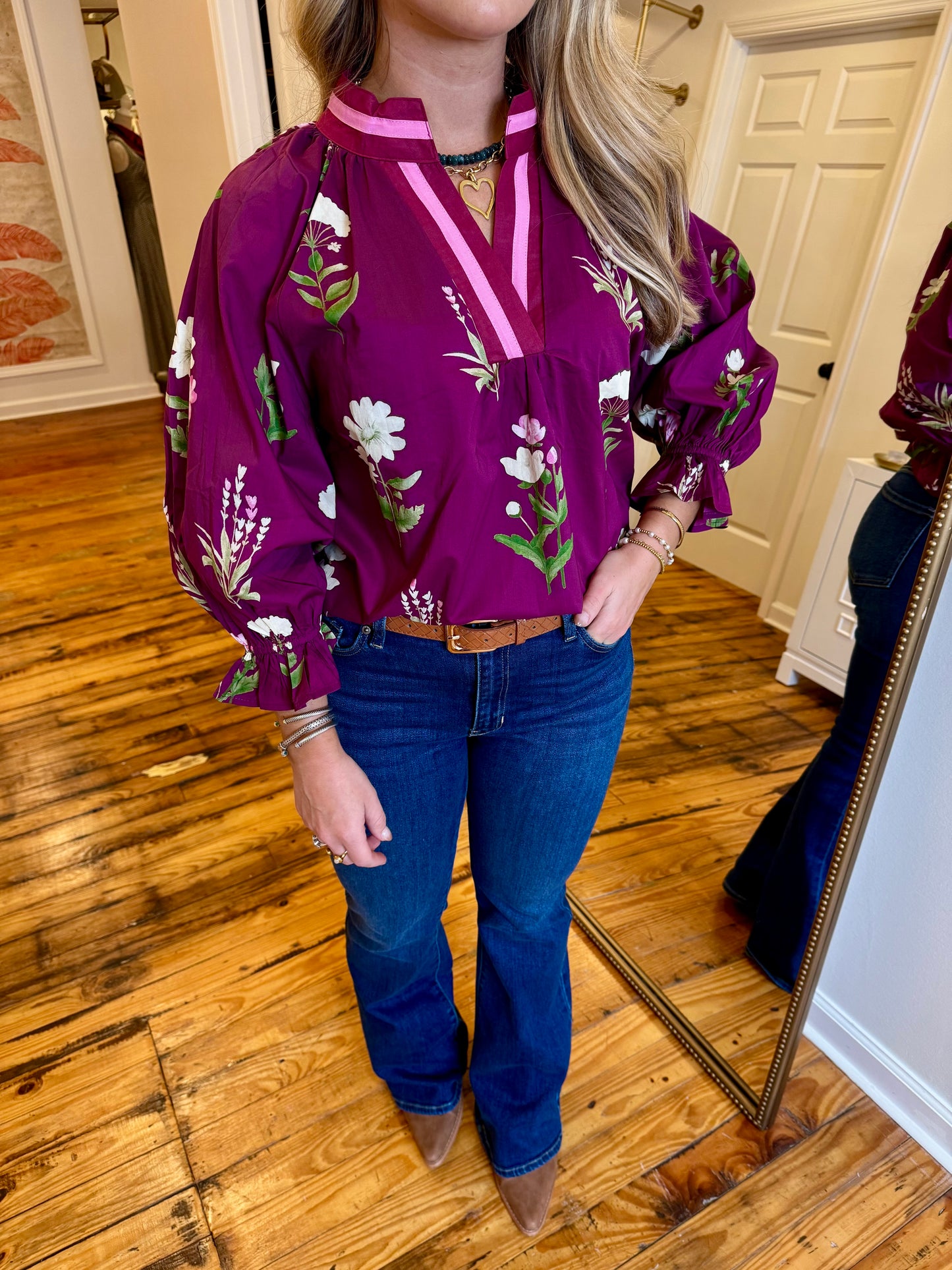 Burgundy Floral Contrast Trim Blouse