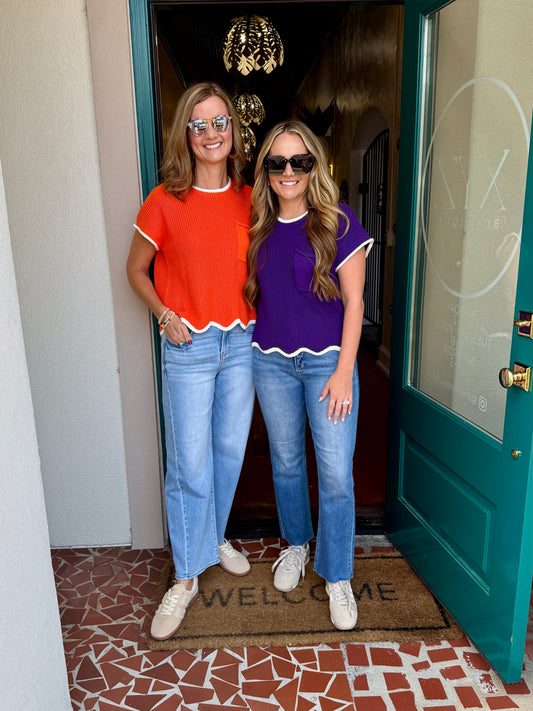 Drop Shoulder Short Sleeve Scallop Hem Sweater