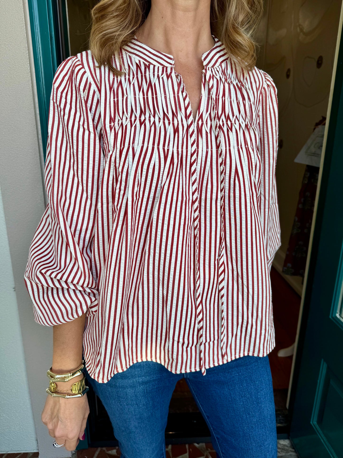 Brick Long Sleeve Front Tie Woven Top