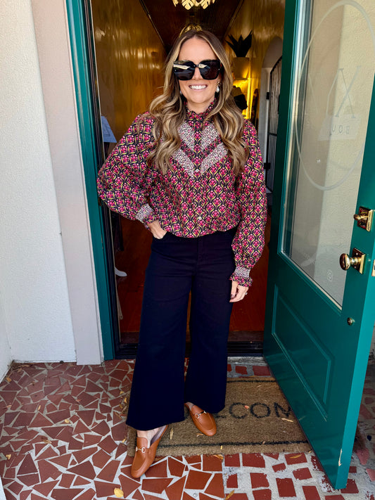 Black Floral Smocked Yoke Top