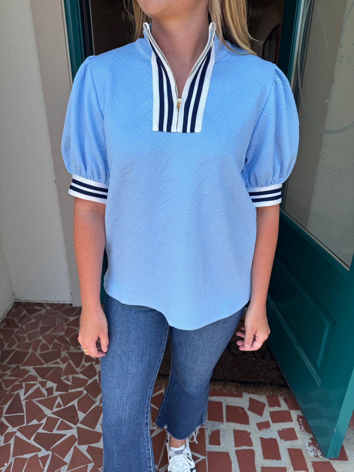 Blue Front Zip Up Textured Top
