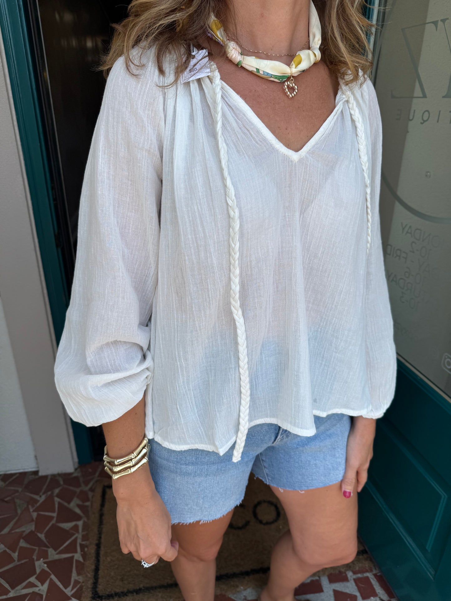 White Gauze Braid Trim Detail Top