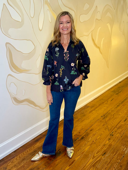 Black Floral Ruffle Neck Blouse