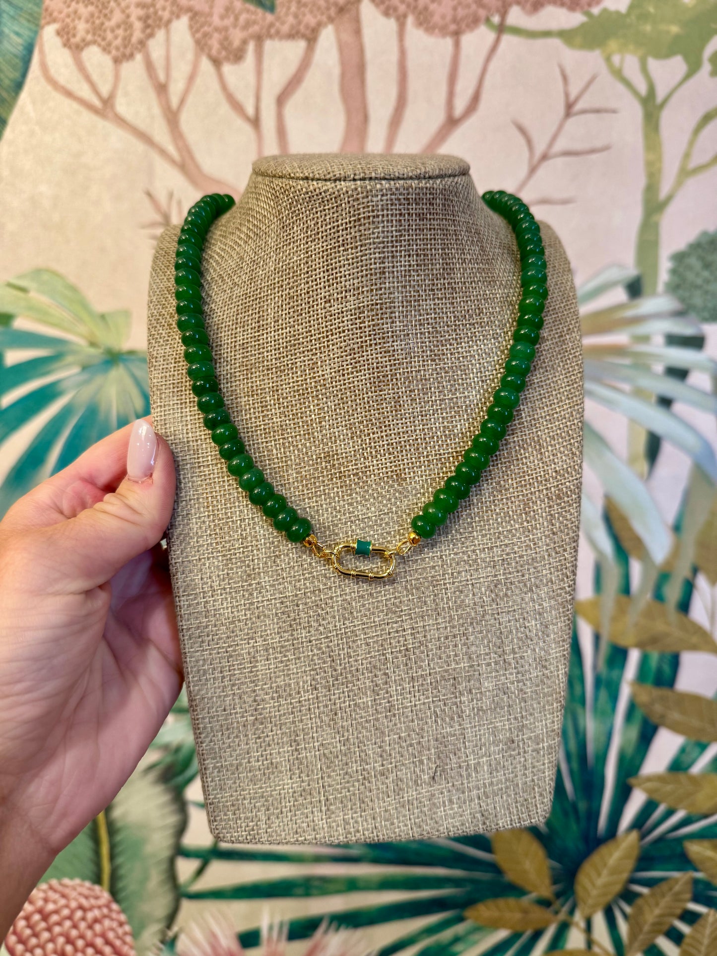Green Candy Bead Necklace w Carabiner - Cherry Laurel Design