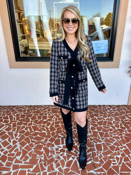 Black Tweed Ribbon Detail Dress