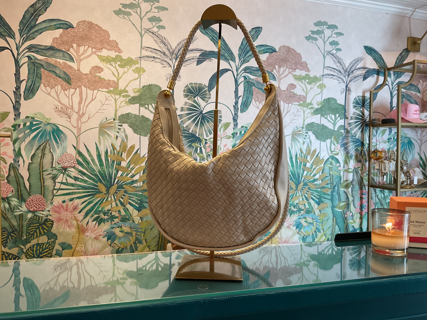 Beige Woven Hobo Handbag