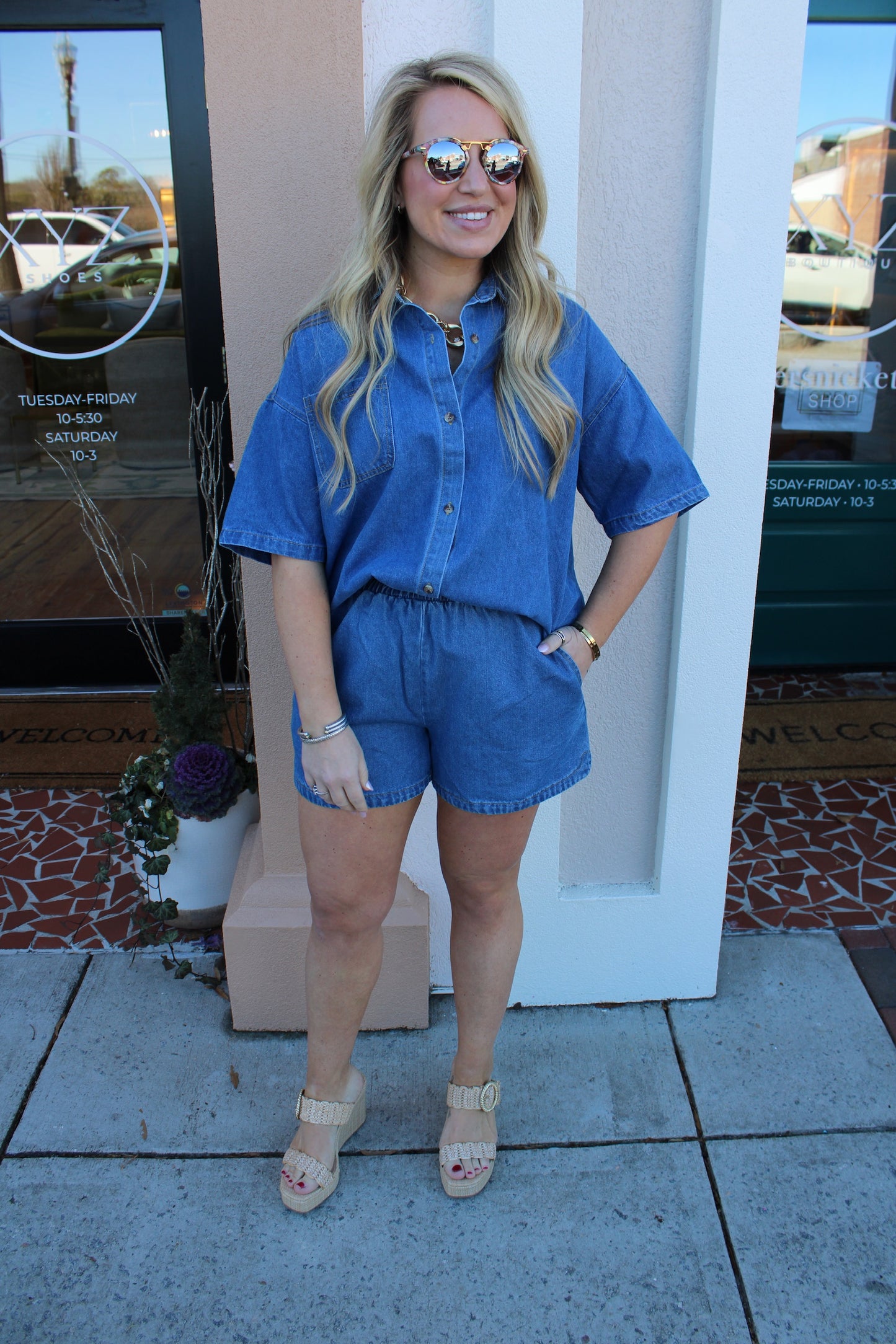 Denim Button Down Shorts Set