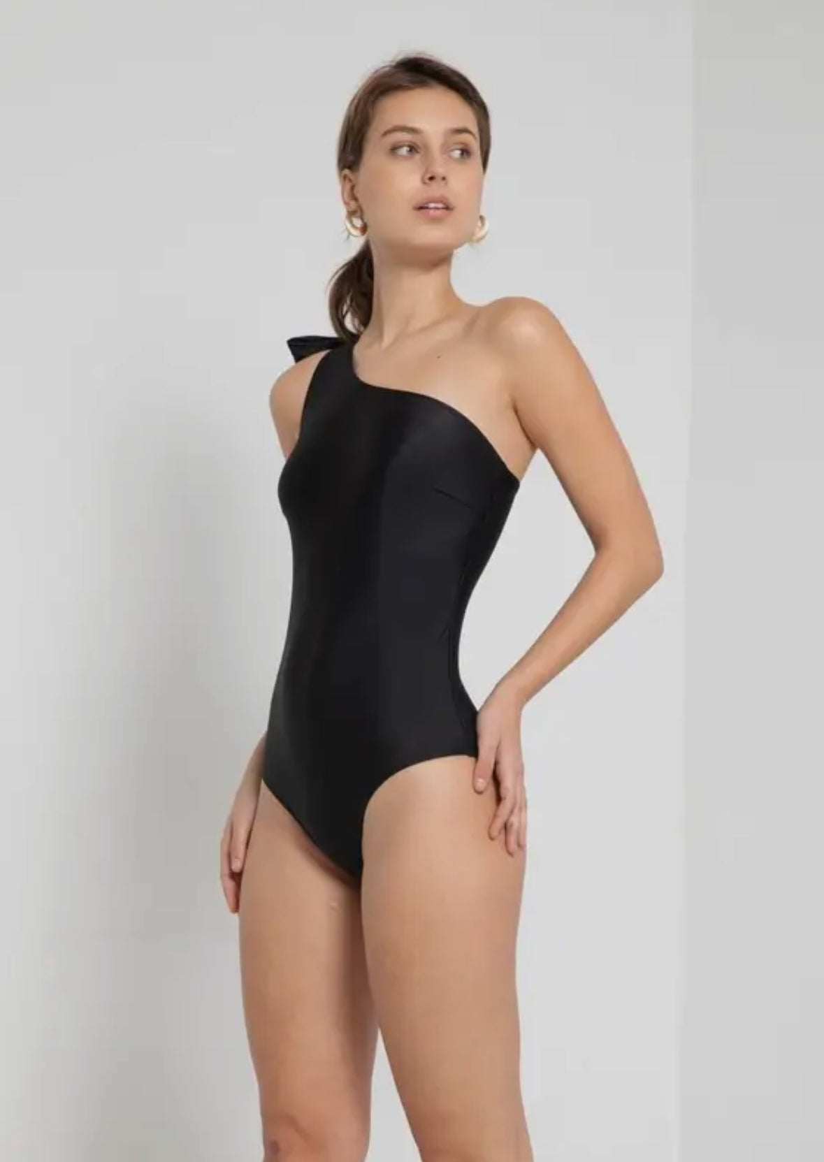 Black One Shoulder Bow Swim Suit