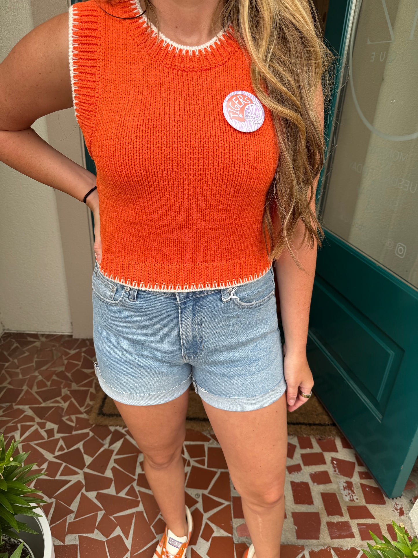 Orange Sleeveless Crew Neck Stitching Detail Sweater Top