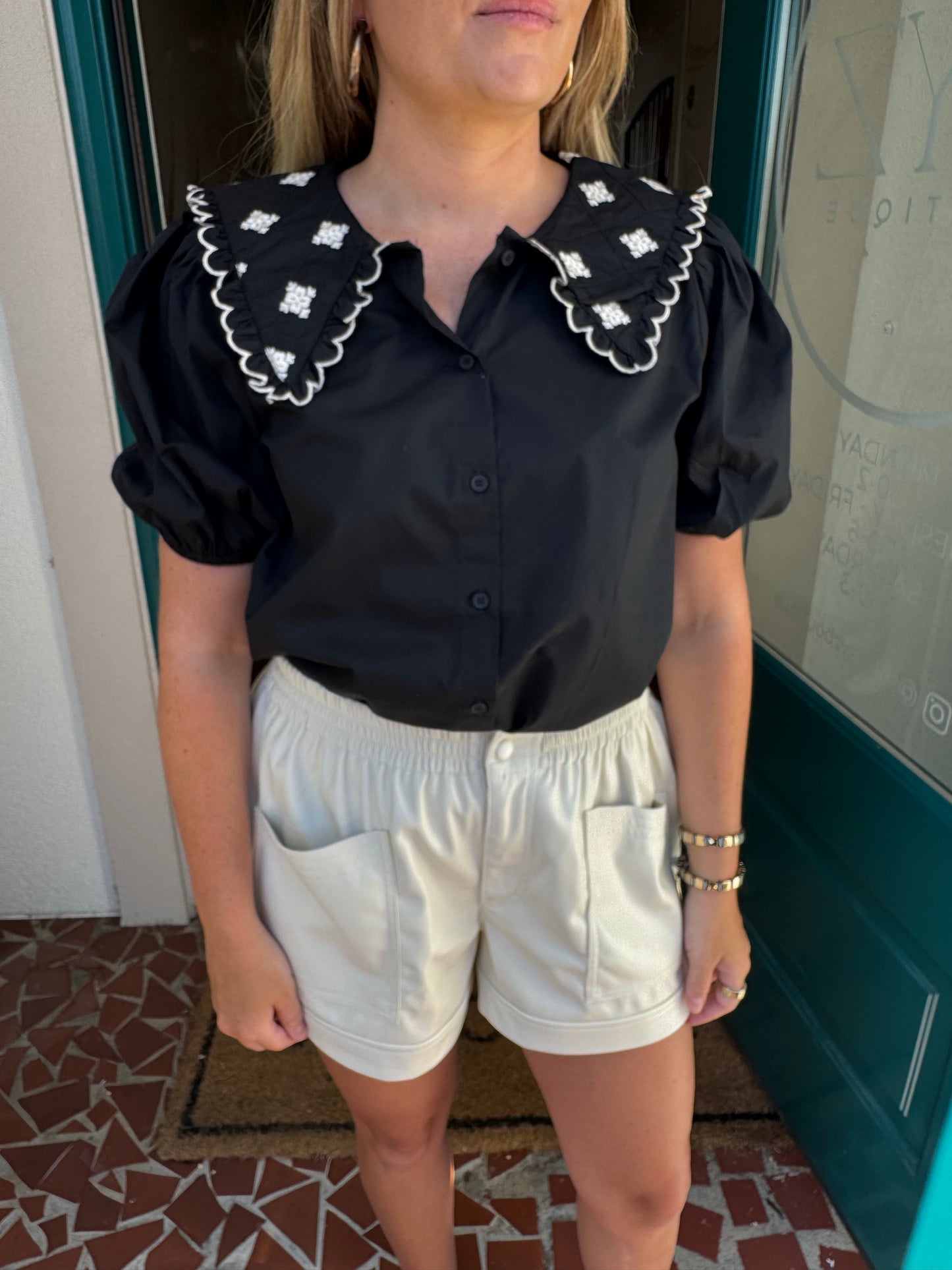 Black Puffed Sleeve Embroidered Button Down Top