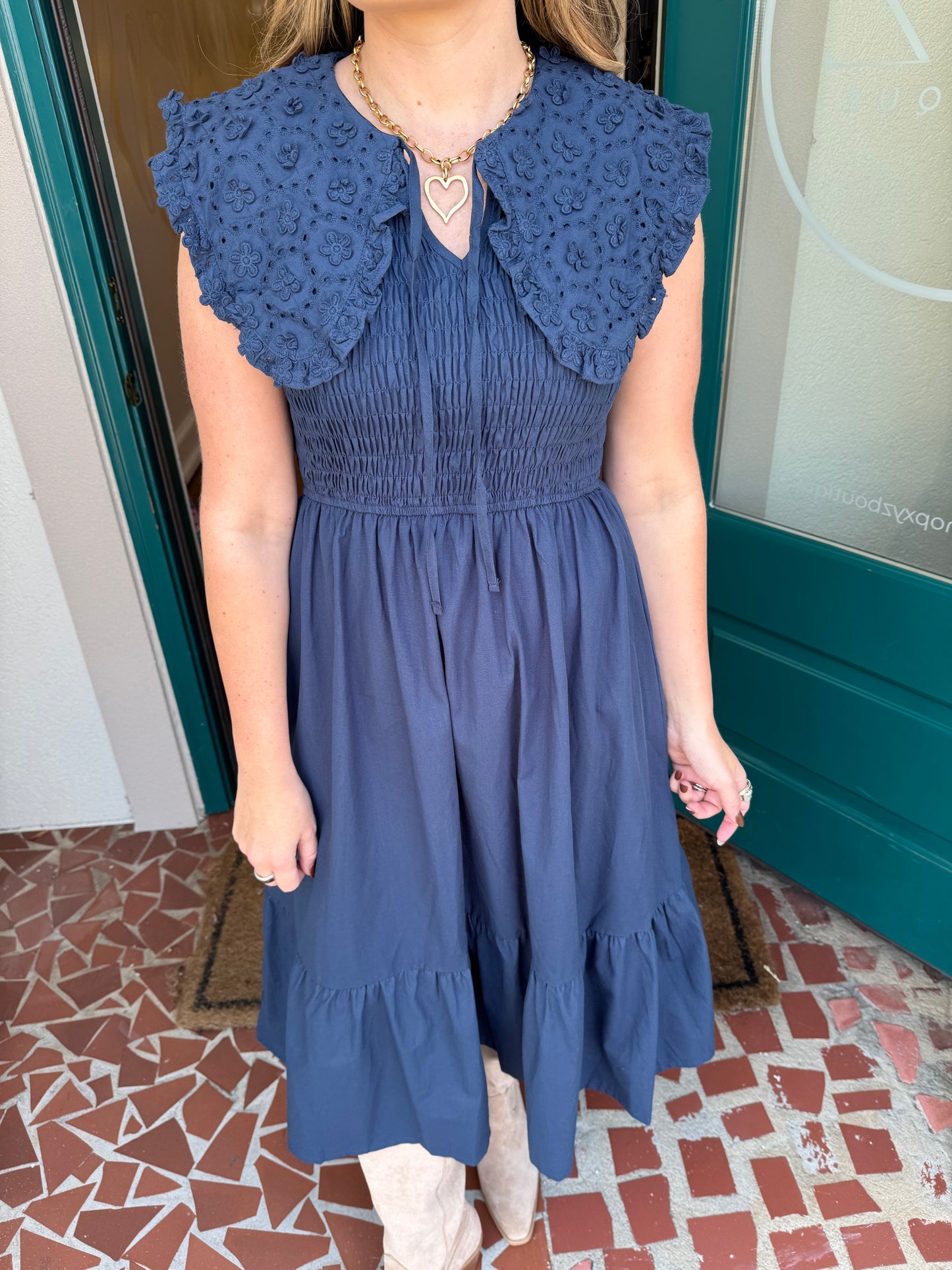 Navy Collared Smocked Midi Dress